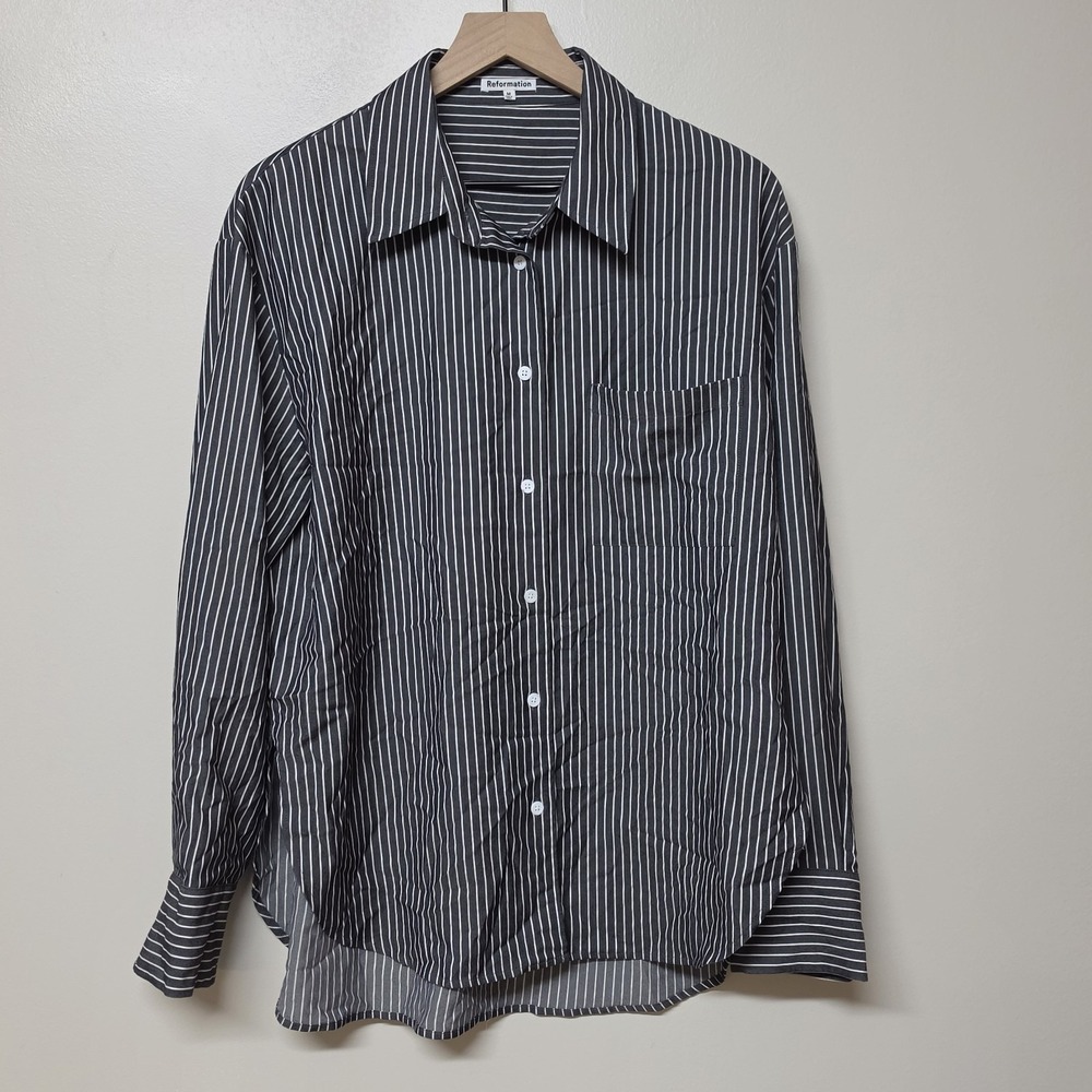 Reformation Will Oversized Shirt Womens M Black Striped Button Front Rayon Top